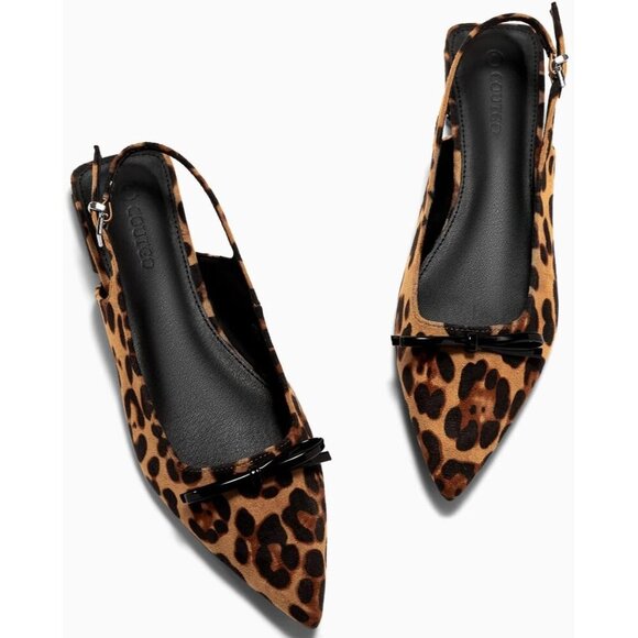 Women Leopard Slingback Bow Slip on  Pointed Toe Buckle Comfortable Ballet Flats - Picture 4 of 5